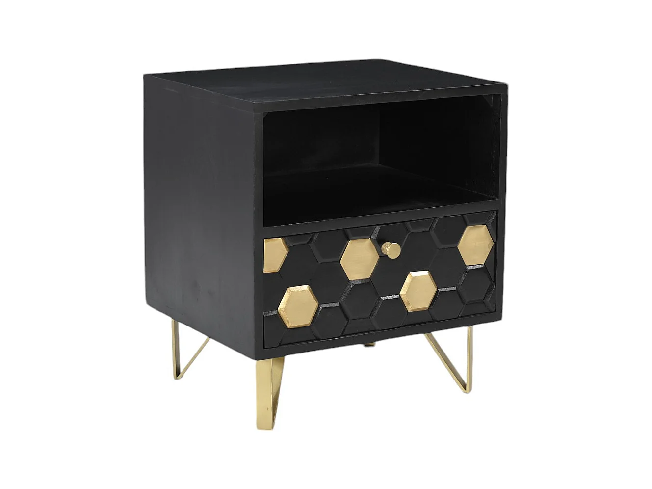 Set van 2 nachtkastjes 1 lade en 1 nis - Mangohout en metaal - Zwart en goudkleurig - BELORI
