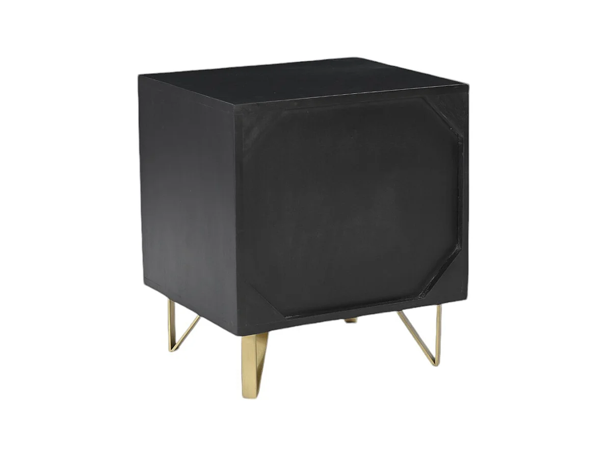 Set van 2 nachtkastjes 1 lade en 1 nis - Mangohout en metaal - Zwart en goudkleurig - BELORI