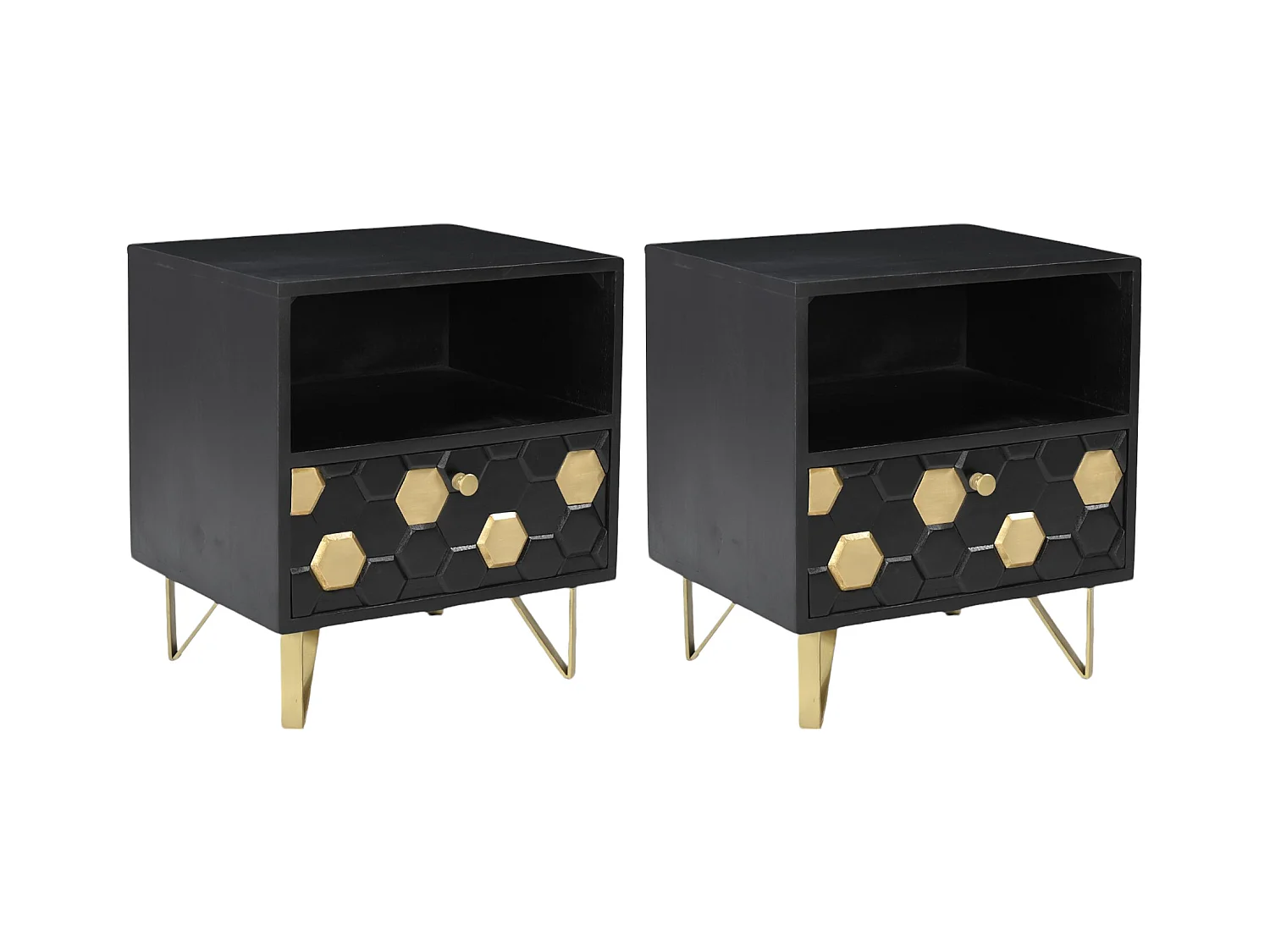 Set van 2 nachtkastjes 1 lade en 1 nis - Mangohout en metaal - Zwart en goudkleurig - BELORI