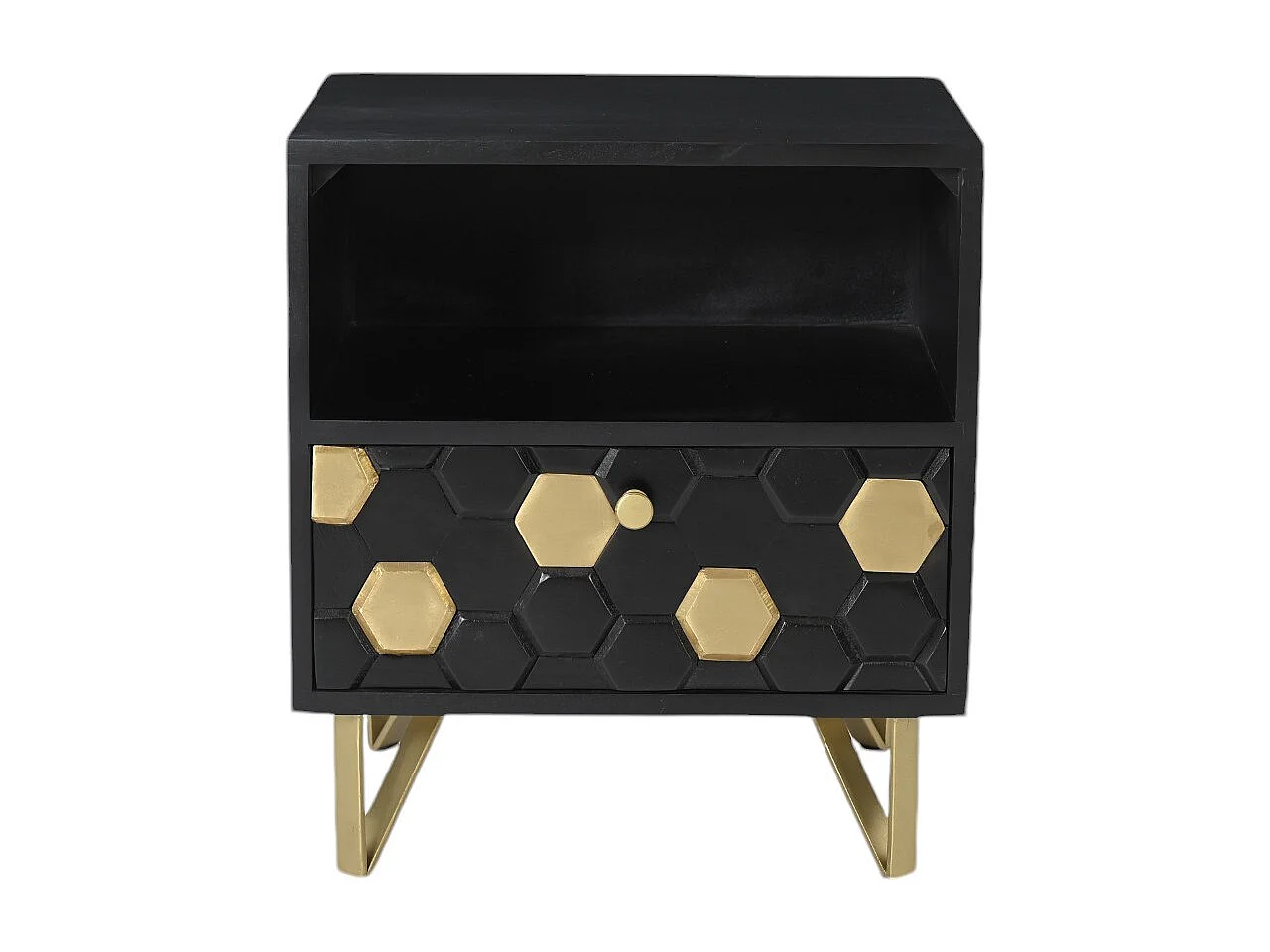 Set van 2 nachtkastjes 1 lade en 1 nis - Mangohout en metaal - Zwart en goudkleurig - BELORI
