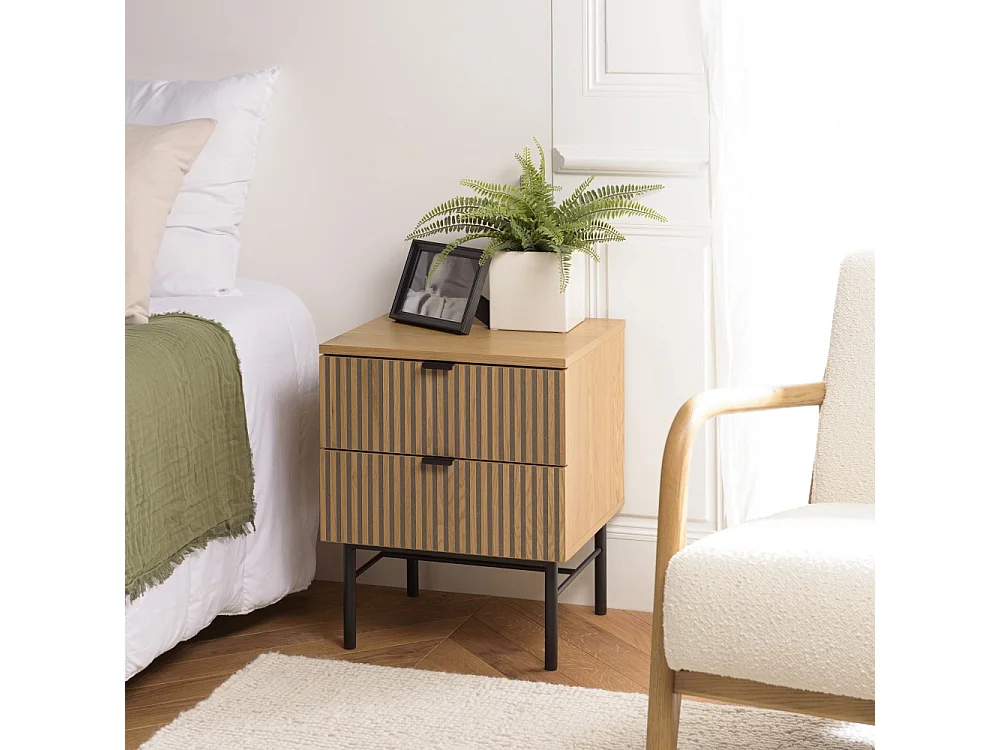 SCOTT - Table de chevet bois tiroirs décor effet rainuré noir et beige