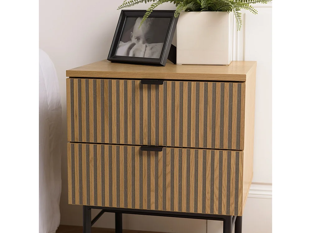 SCOTT - Table de chevet bois tiroirs décor effet rainuré noir et beige