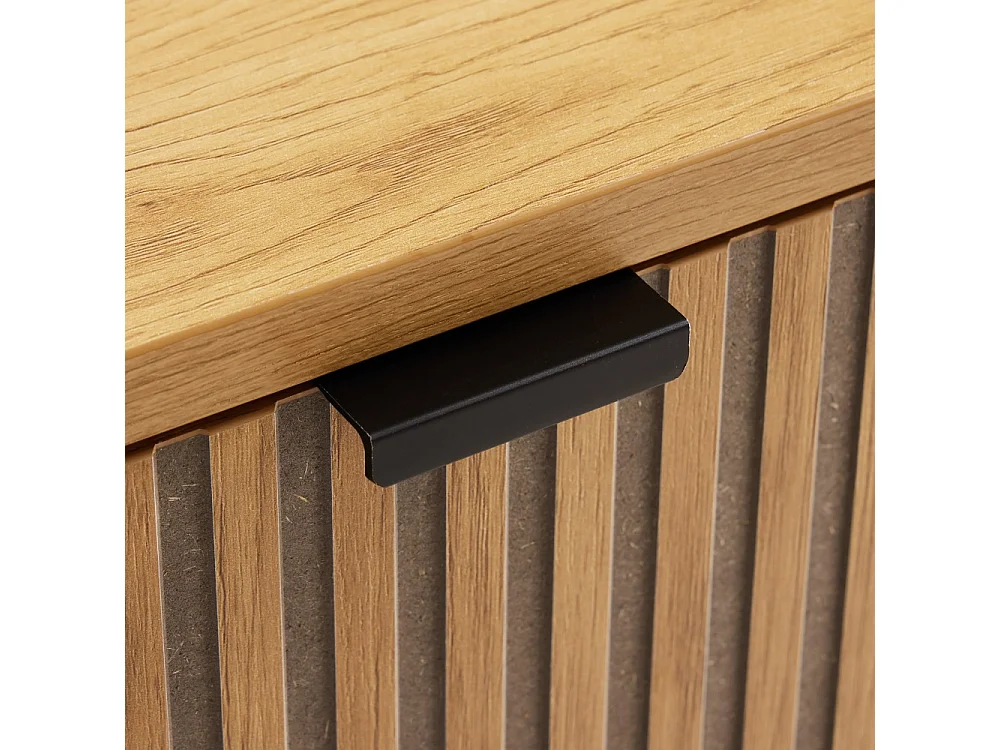 SCOTT - Table de chevet bois tiroirs décor effet rainuré noir et beige