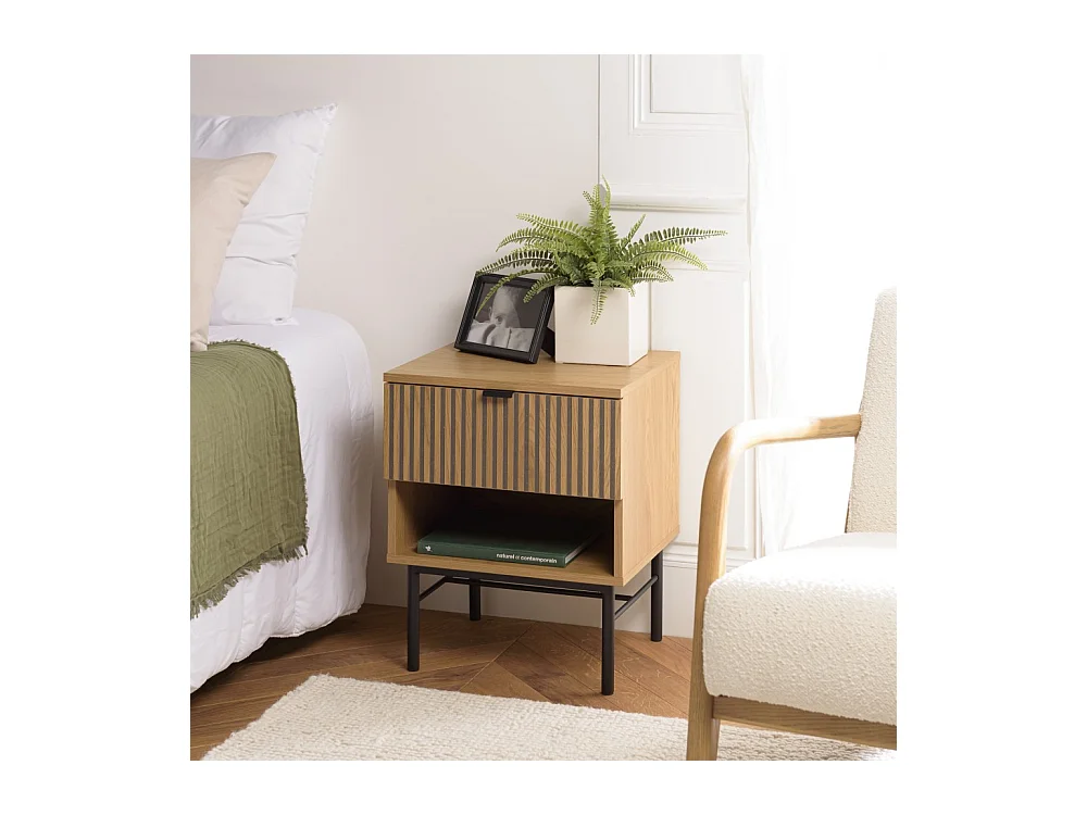 SCOTT - Table de chevet bois tiroir décor effet rainuré noir et beige