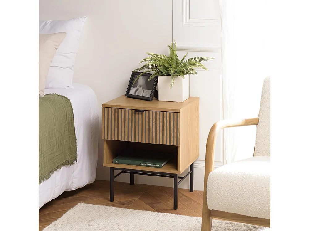 SCOTT - Table de chevet bois tiroir décor effet rainuré noir et beige