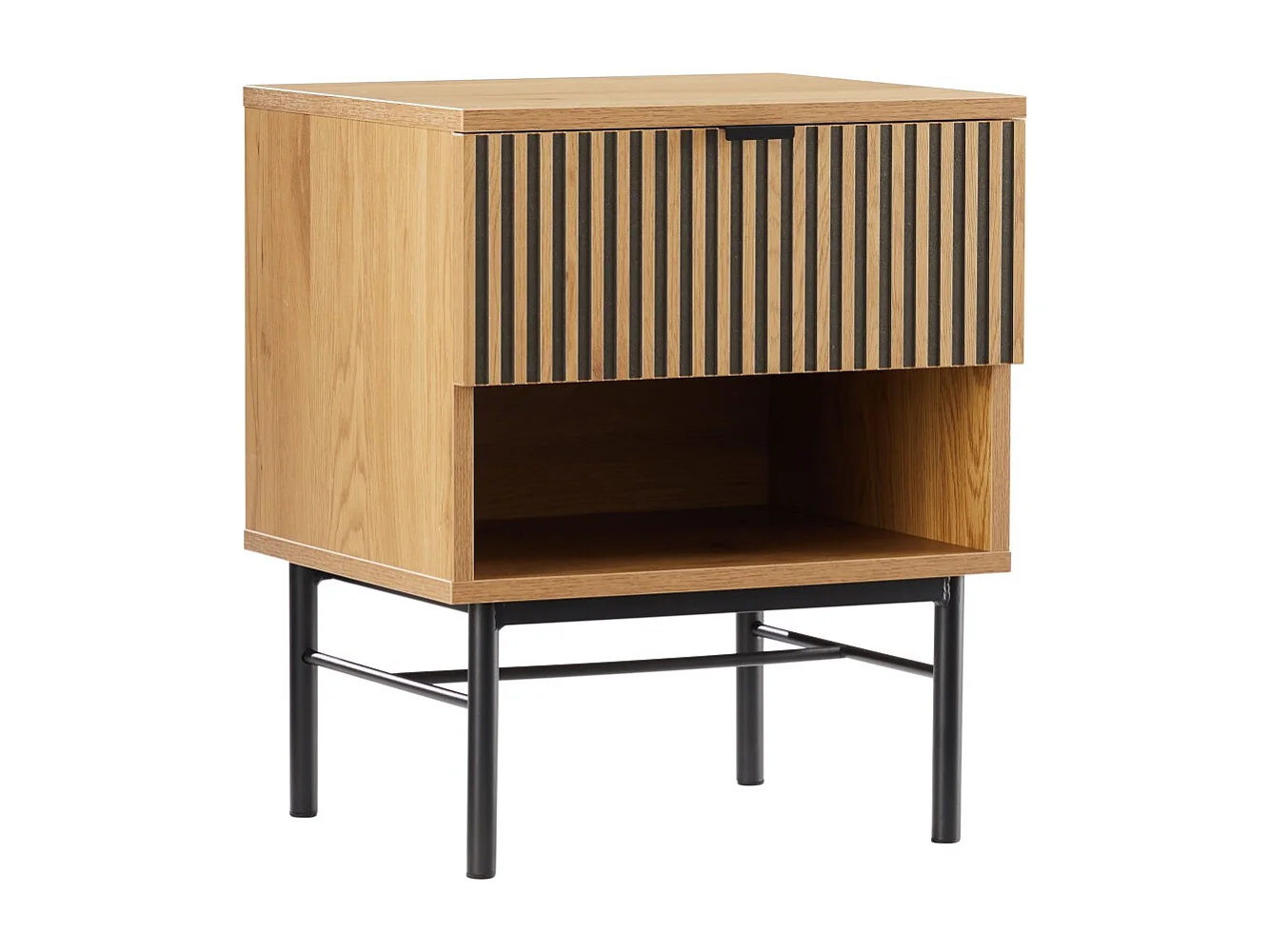 SCOTT - Table de chevet bois tiroir décor effet rainuré noir et beige