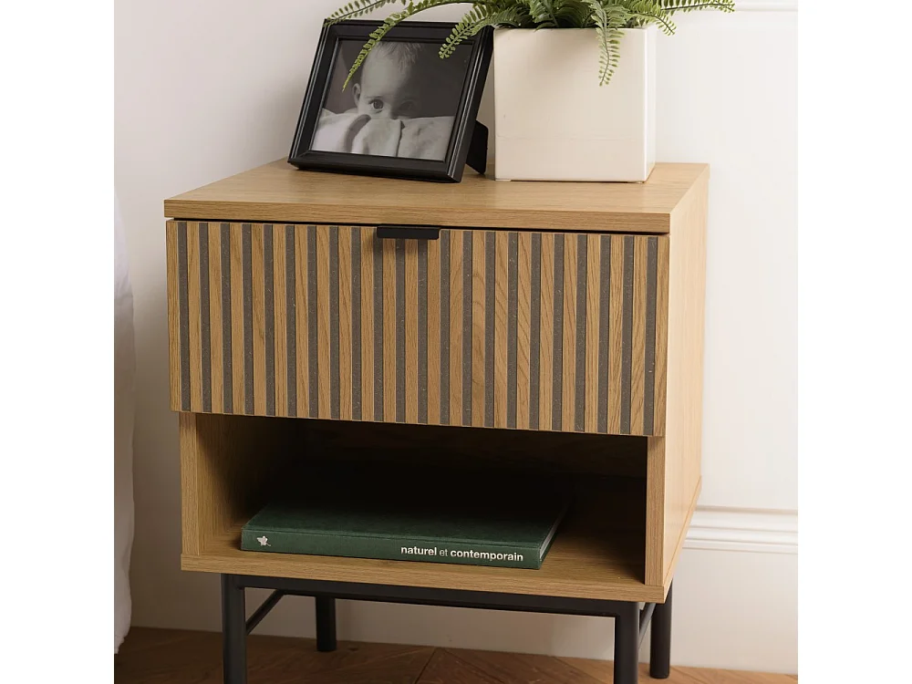 SCOTT - Table de chevet bois tiroir décor effet rainuré noir et beige