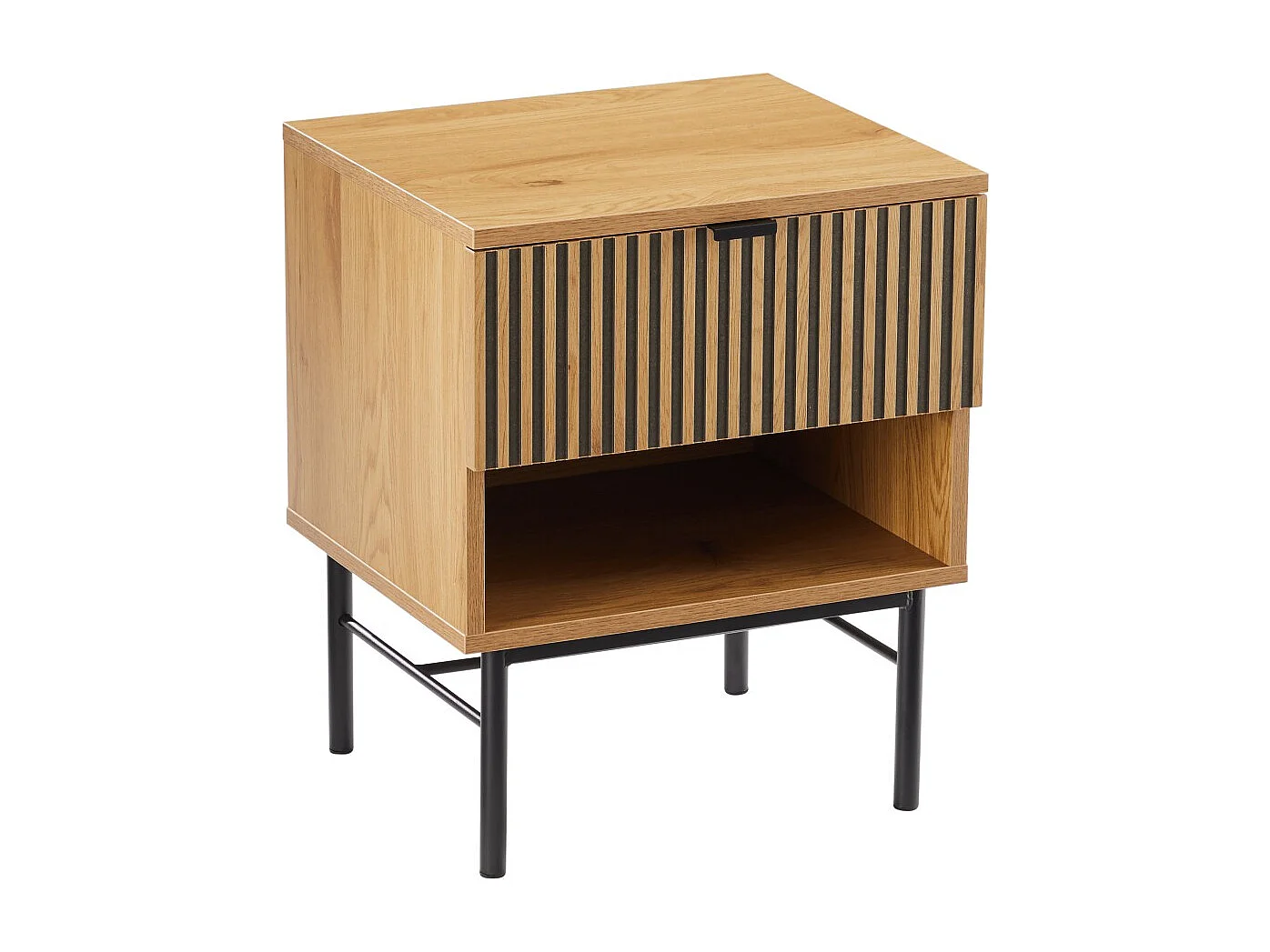 SCOTT - Table de chevet bois tiroir décor effet rainuré noir et beige