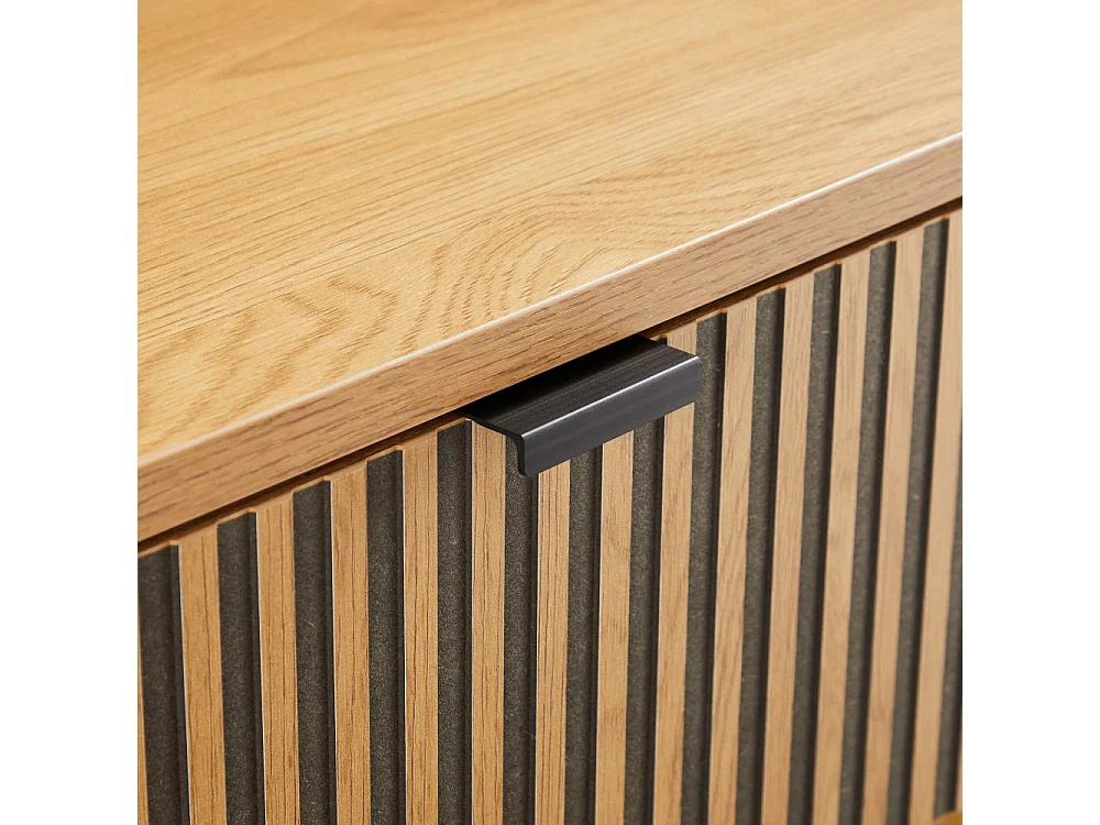 SCOTT - Table de chevet bois tiroir décor effet rainuré noir et beige