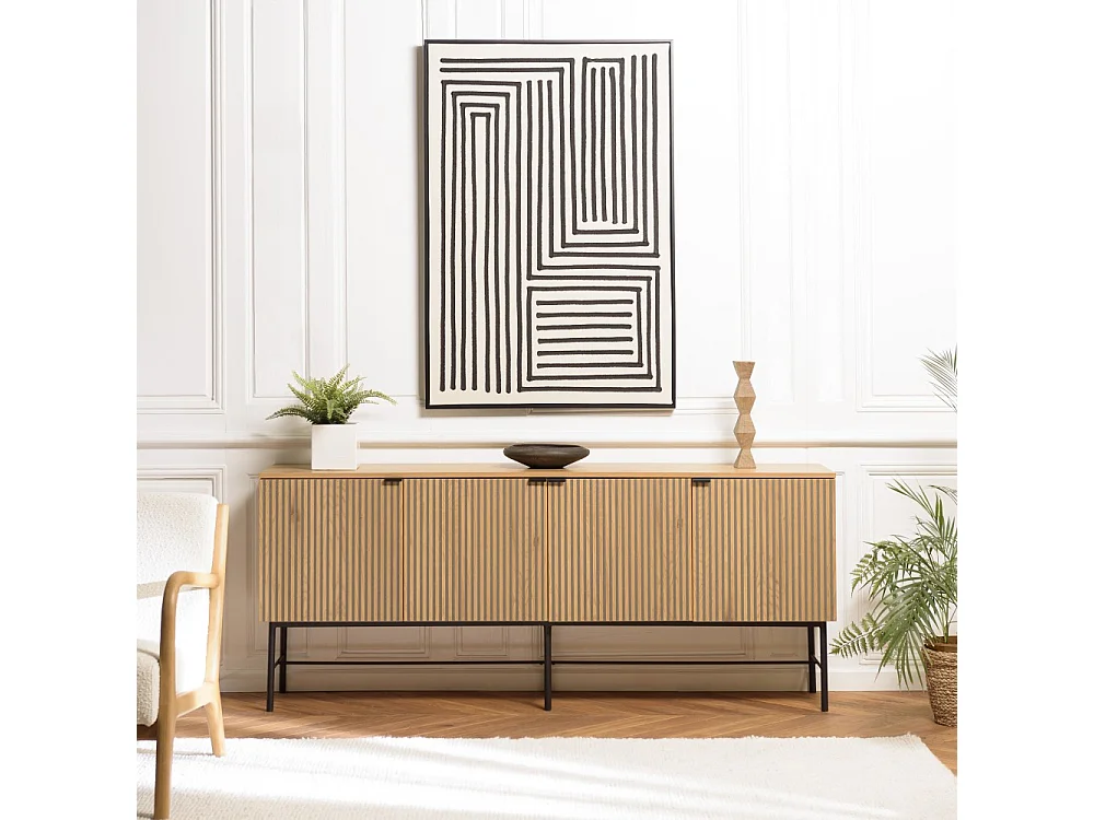 SCOTT - Buffet 4 portes bois décor effet rainuré noir et naturel