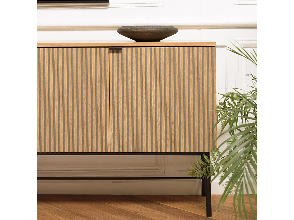 SCOTT - Buffet 4 portes bois décor effet rainuré noir et naturel