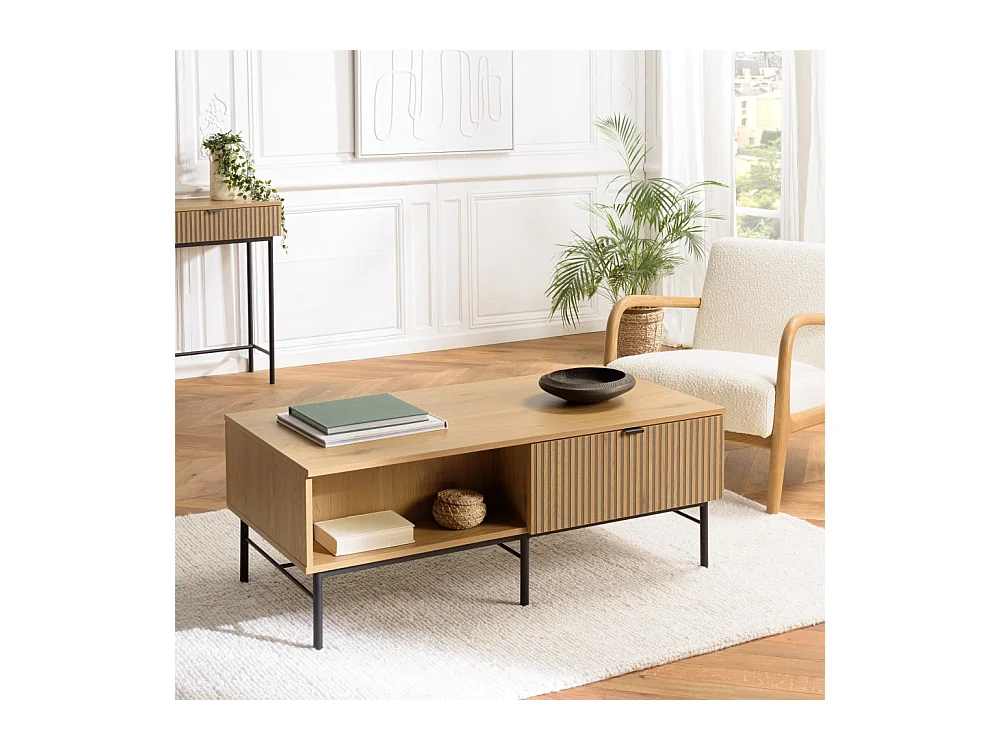 SCOTT - Table basse 2 tiroirs décor effet bois rainuré noir/naturel