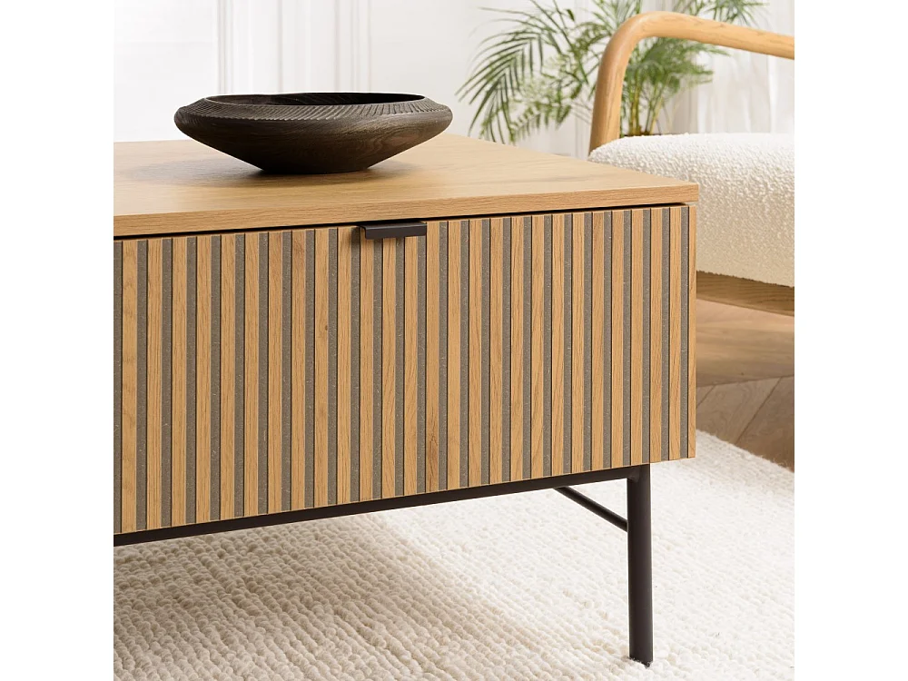 SCOTT - Table basse 2 tiroirs bois décor effet rainuré noir/naturel