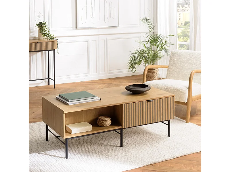 SCOTT - Table basse 2 tiroirs bois décor effet rainuré noir/naturel