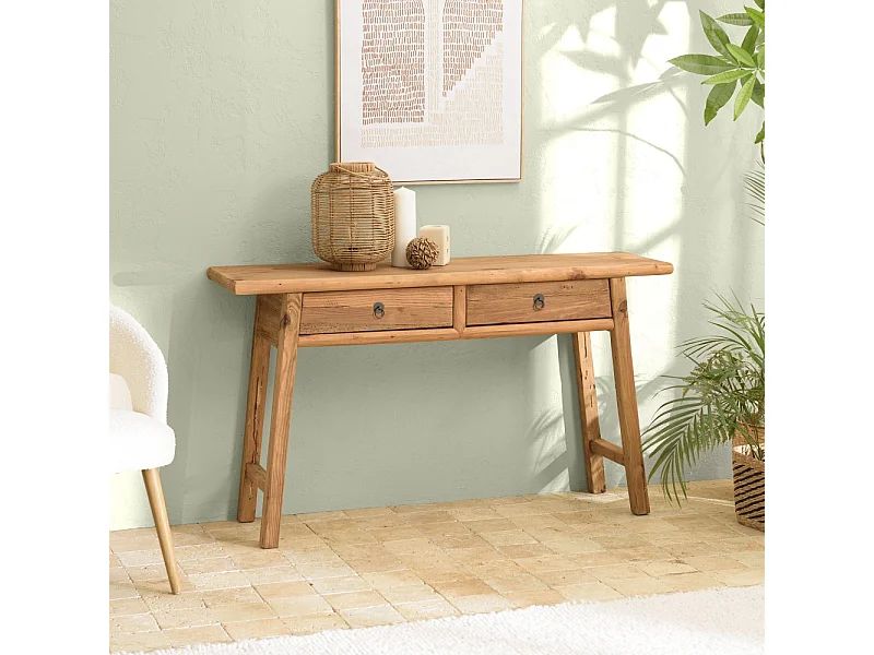 SANDY - Console 2 tiroirs bois pin recyclé