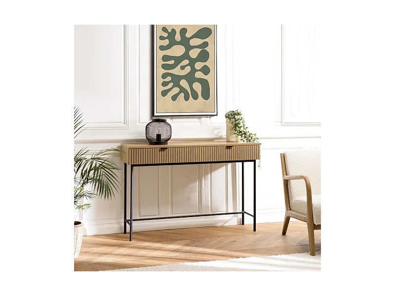 SCOTT - Console 2 tiroirs décor effet bois rainuré noir/naturel