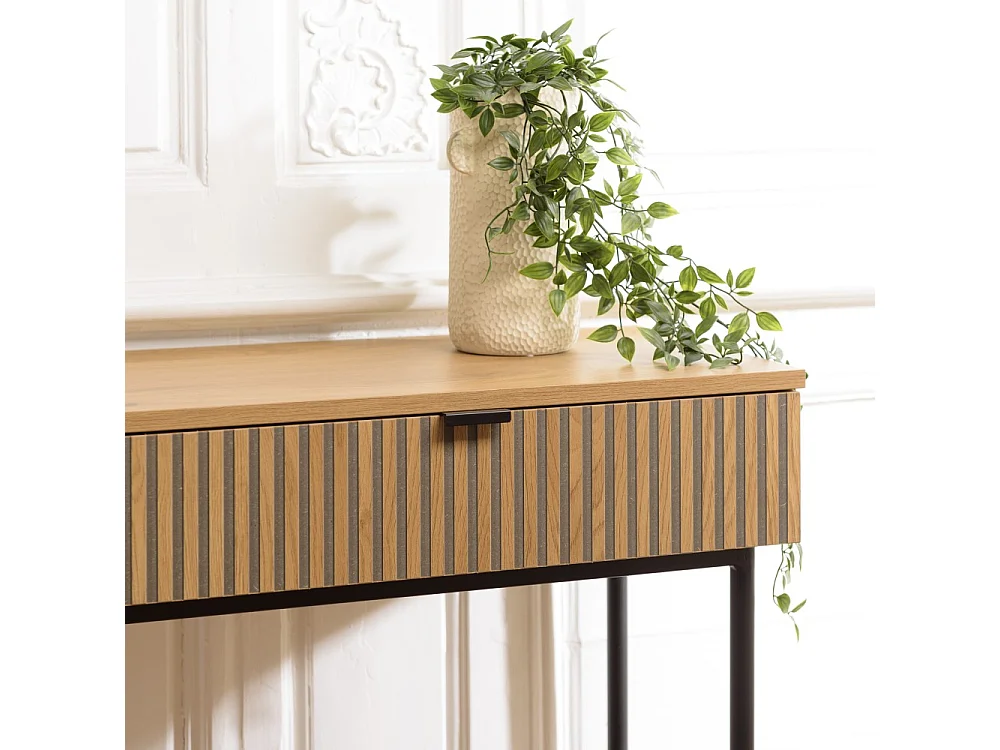 SCOTT - Console 2 tiroirs bois décor effet rainuré noir/naturel