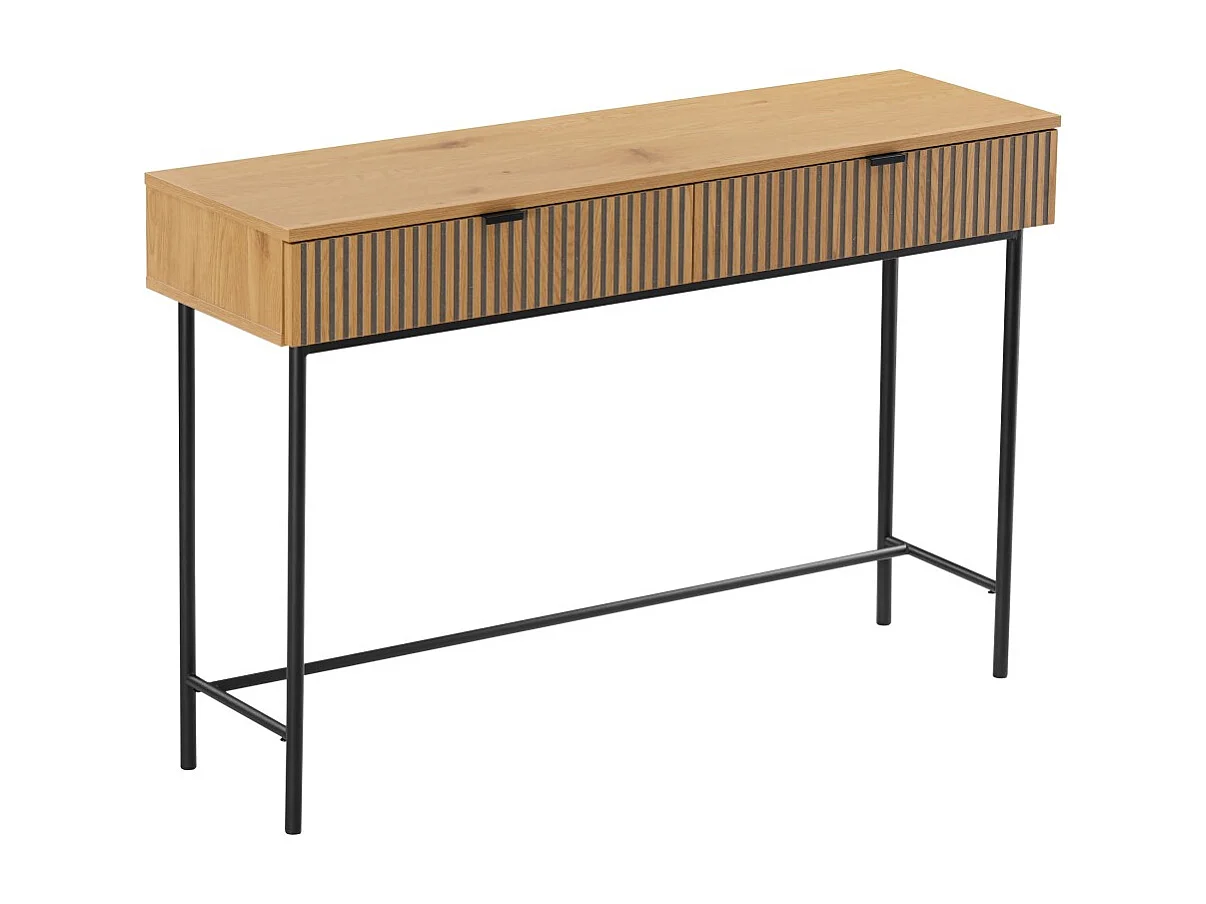 SCOTT - Console 2 tiroirs bois décor effet rainuré noir/naturel