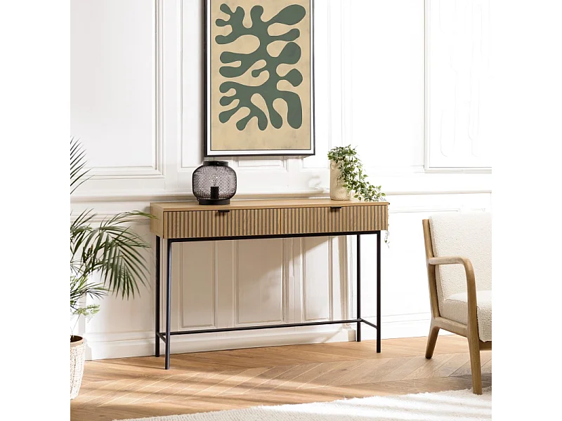 SCOTT - Console 2 tiroirs bois décor effet rainuré noir/naturel