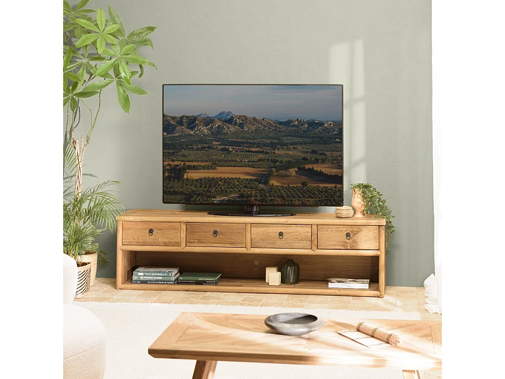 SANDY - Meuble TV 4 tiroirs 1 niche, longueur 200cm bois pin recyclé