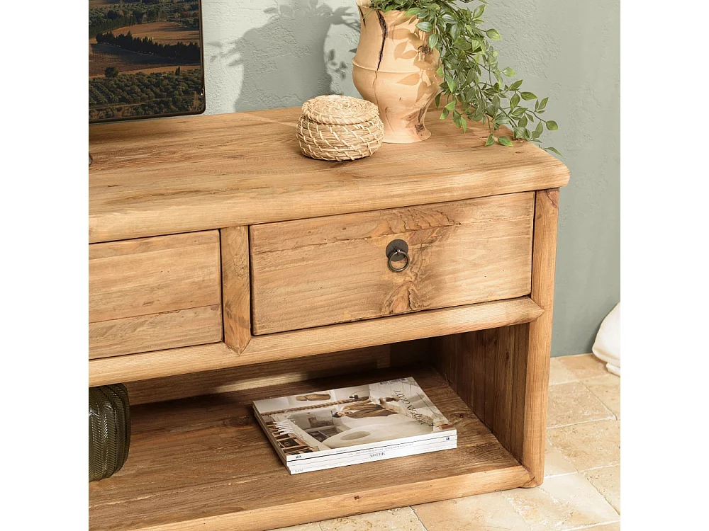 SANDY - Meuble TV 4 tiroirs 1 niche, longueur 200cm bois pin recyclé