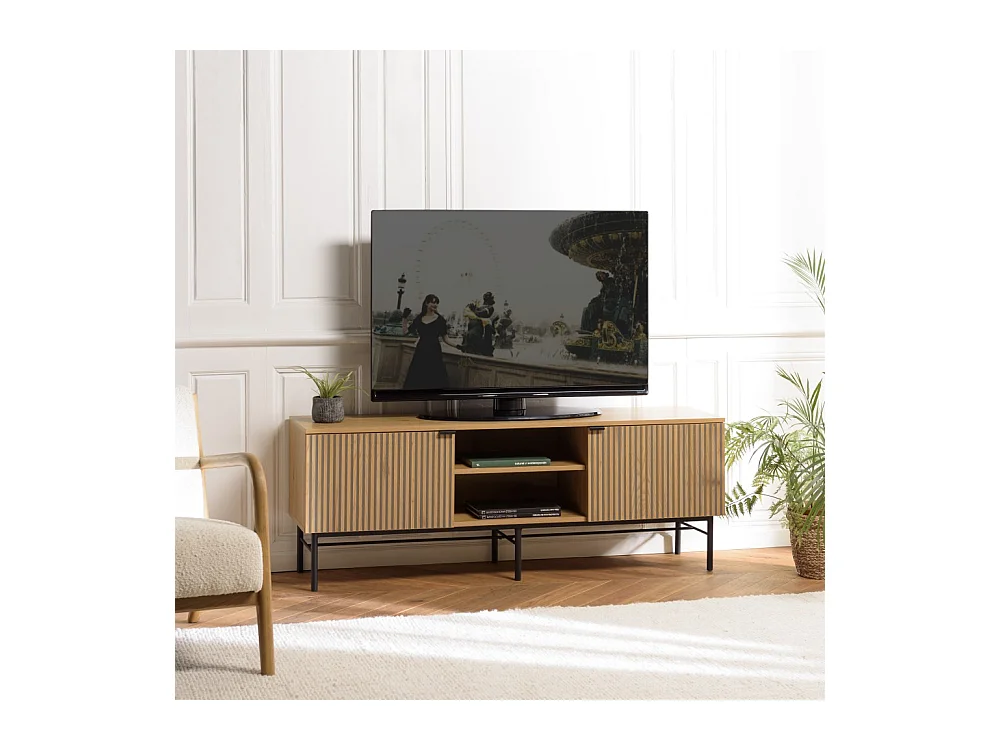 SCOTT - Meuble TV 2 portes 2 niches bois effet rainuré noir/beige