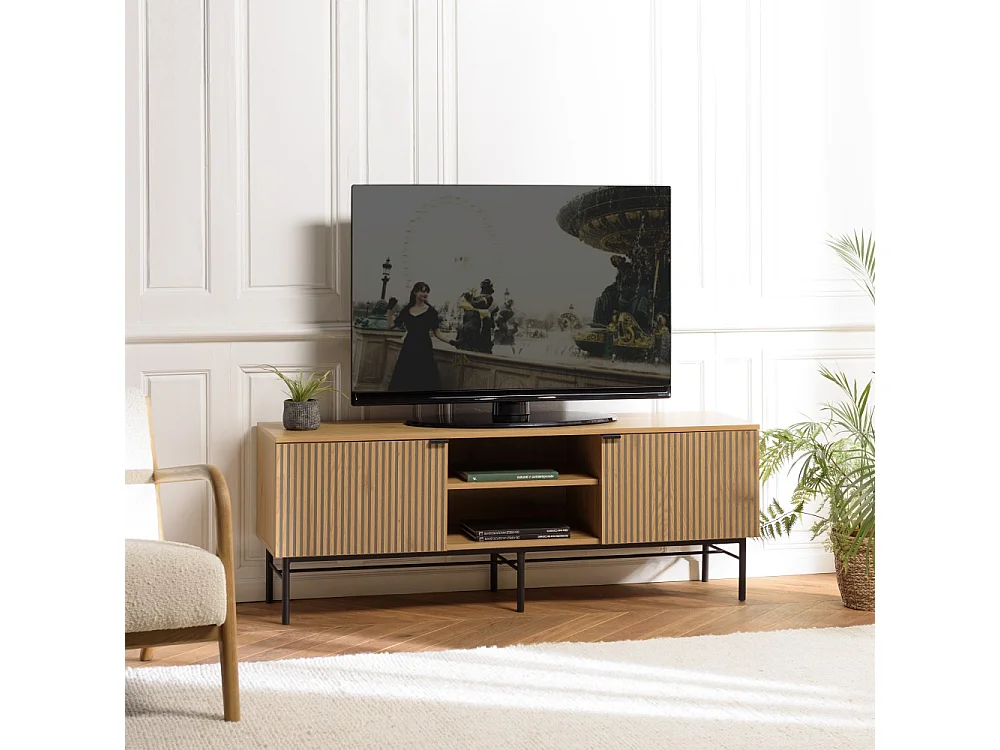 SCOTT - Meuble TV 2 portes 2 niches bois effet rainuré noir/beige