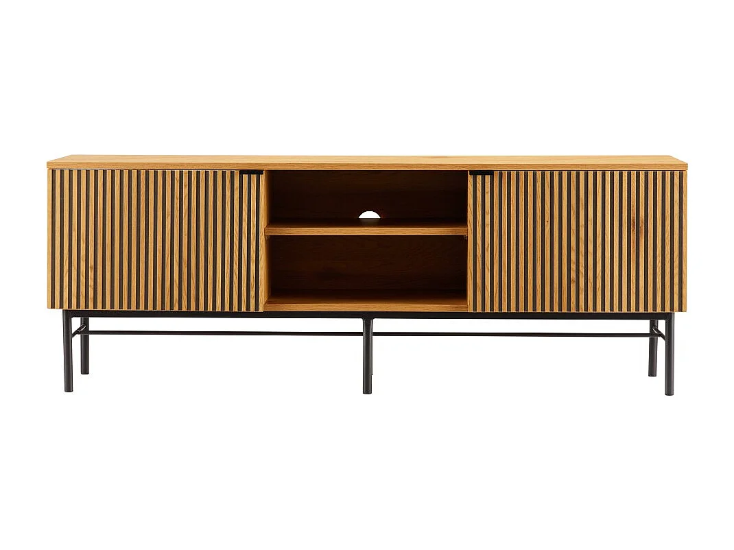 SCOTT - Meuble TV 2 portes 2 niches bois effet rainuré noir/beige