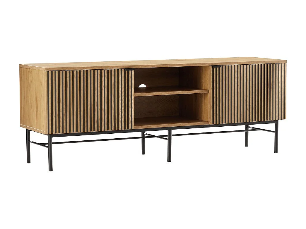 SCOTT - Meuble TV 2 portes 2 niches bois effet rainuré noir/beige