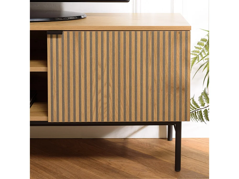 SCOTT - Meuble TV 2 portes 2 niches bois effet rainuré noir/beige