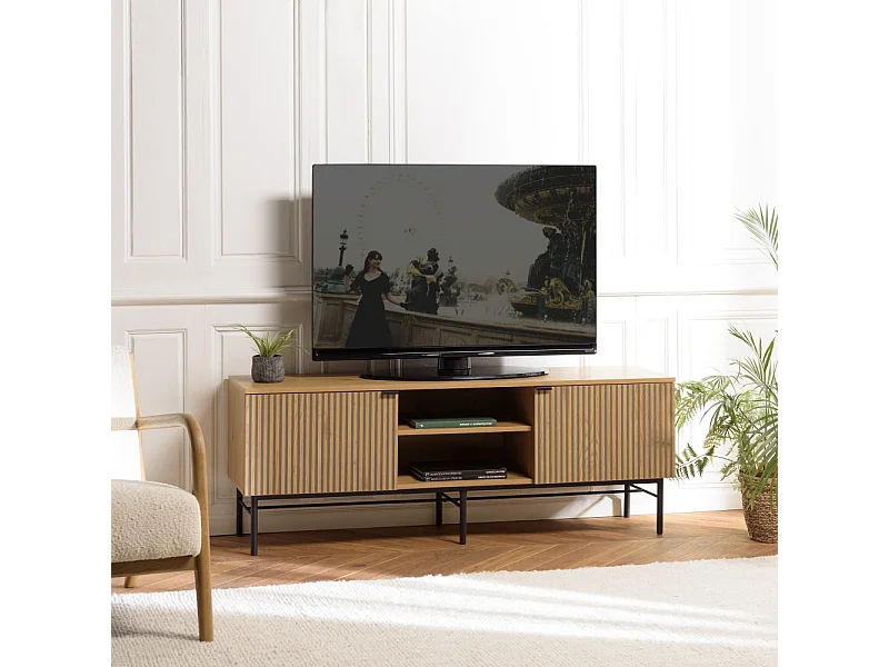 SCOTT - Meuble TV 2 portes 2 niches bois effet rainuré noir/beige