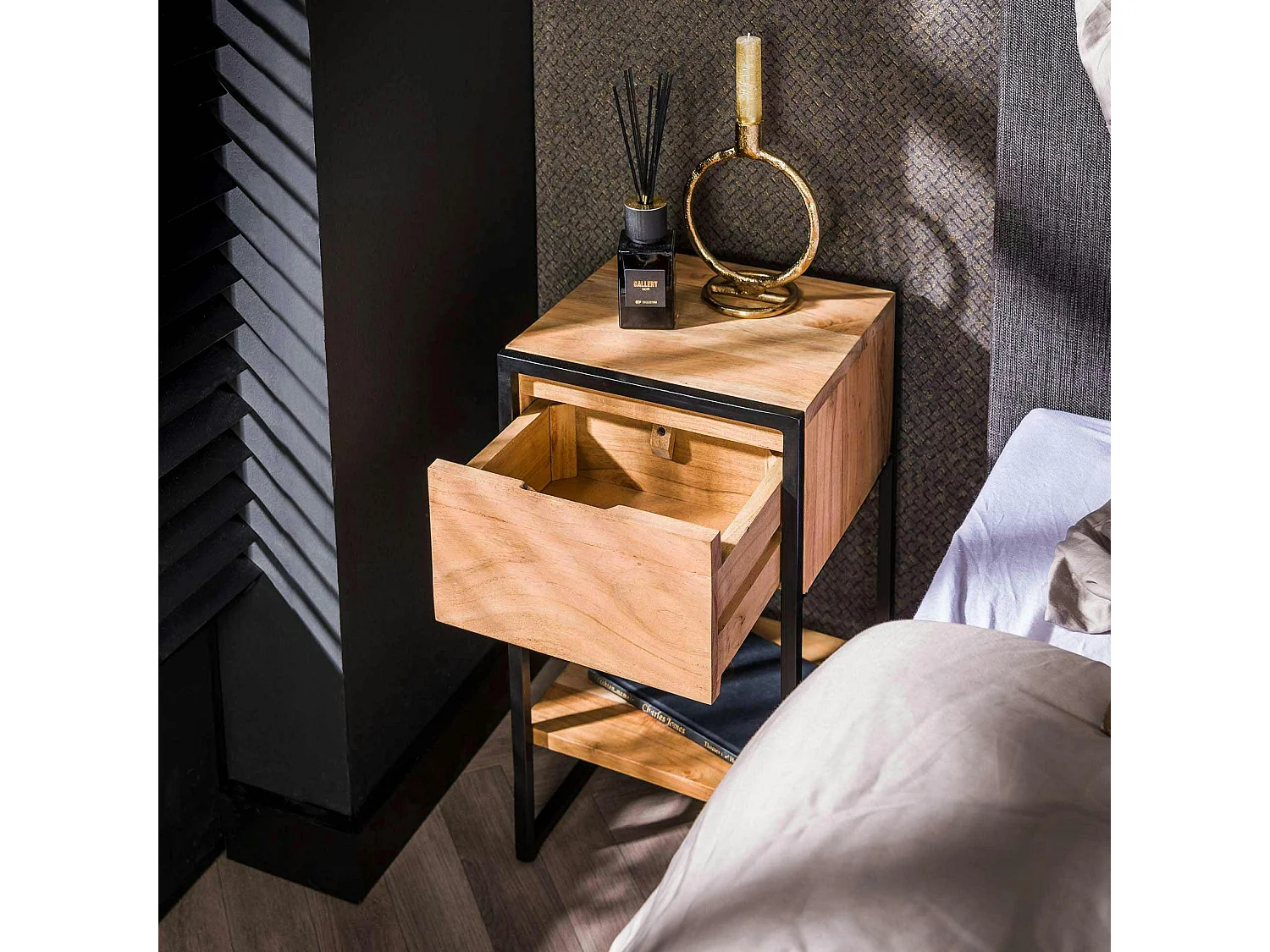 Petite table de chevet 1 étagère en bois d'acacia MELBOURNE