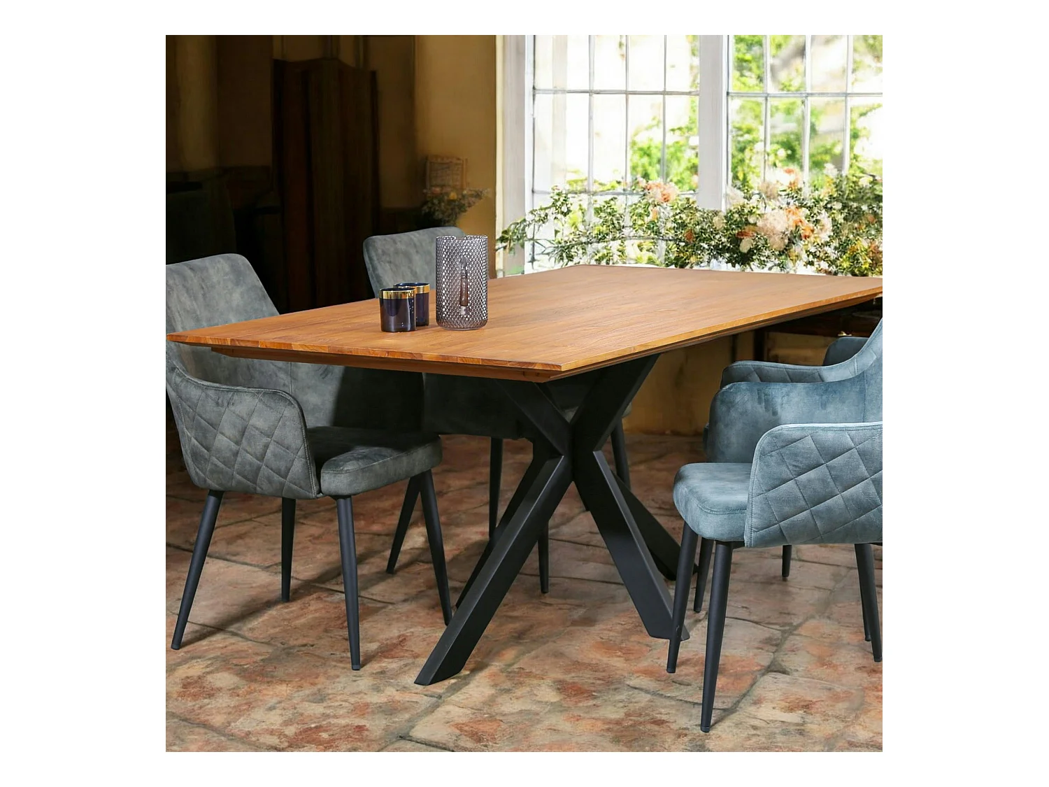 Table pied central bois recyclé teck 220 cm BARBADE