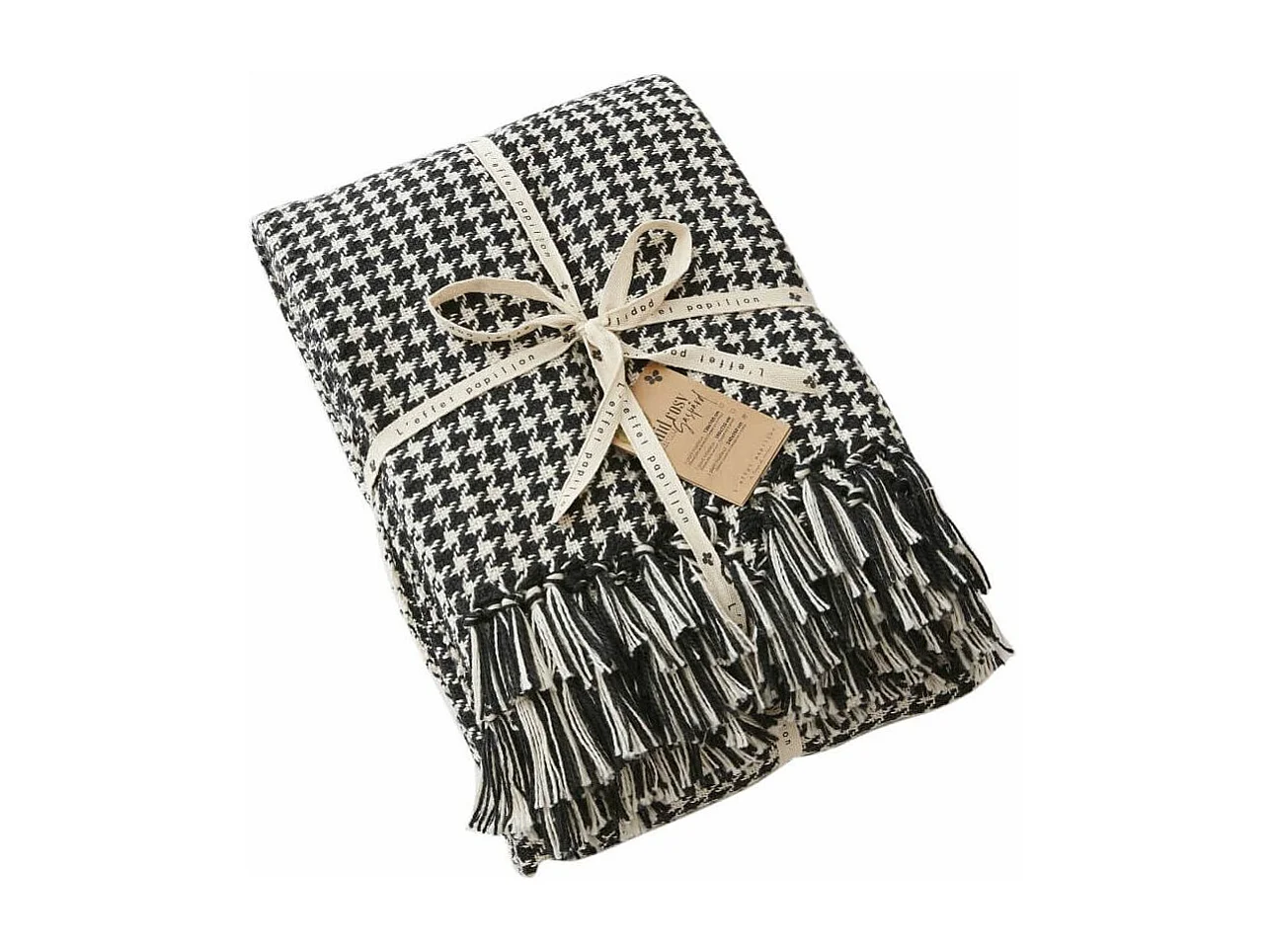 CHARLES - Couvre-lit à Franges 100% Recyclé Tissage Vichy Noir et Blanc 240x260cm