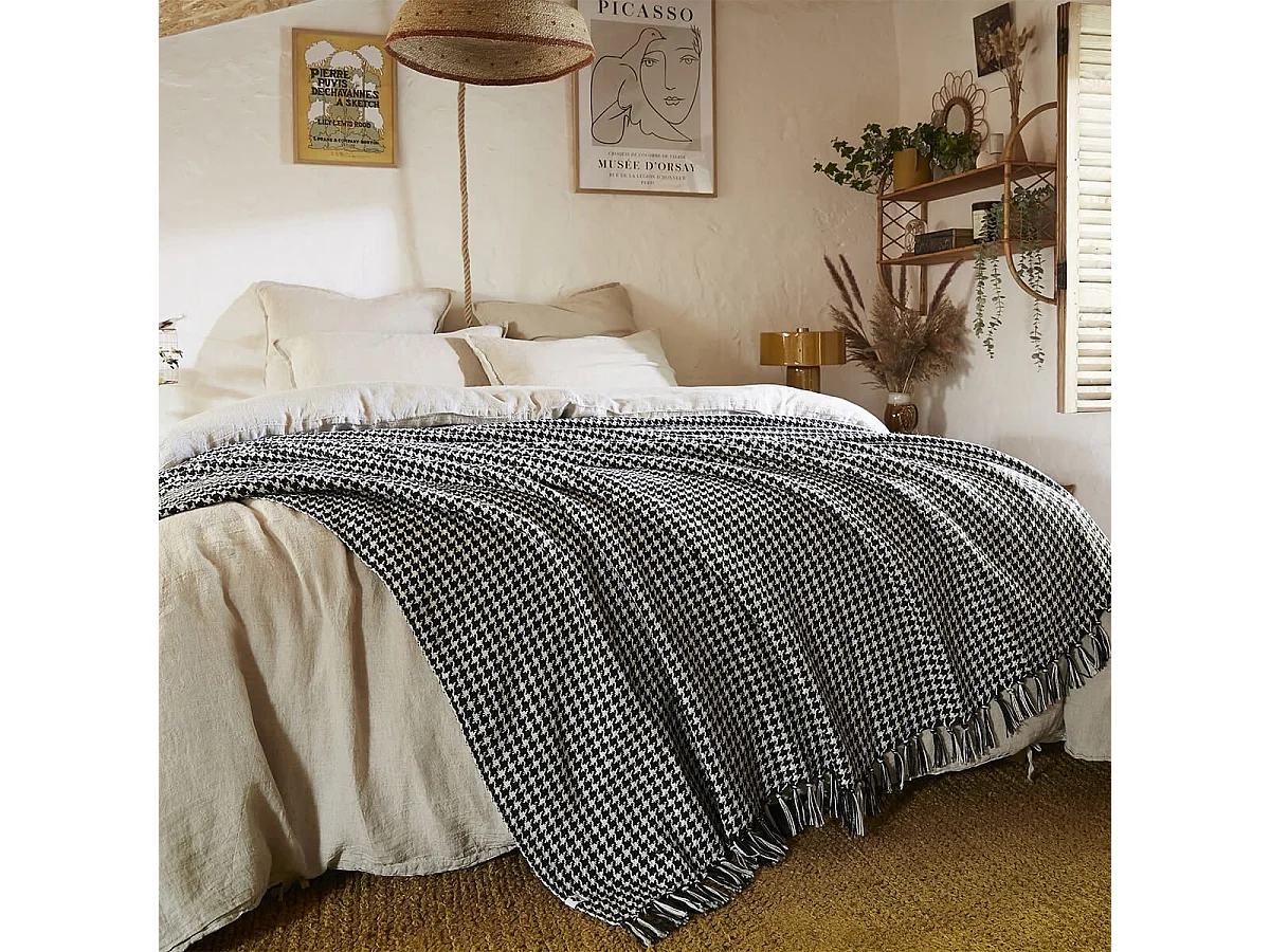 CHARLES - Couvre-lit à Franges 100% Recyclé Tissage Vichy Noir et Blanc 240x260cm