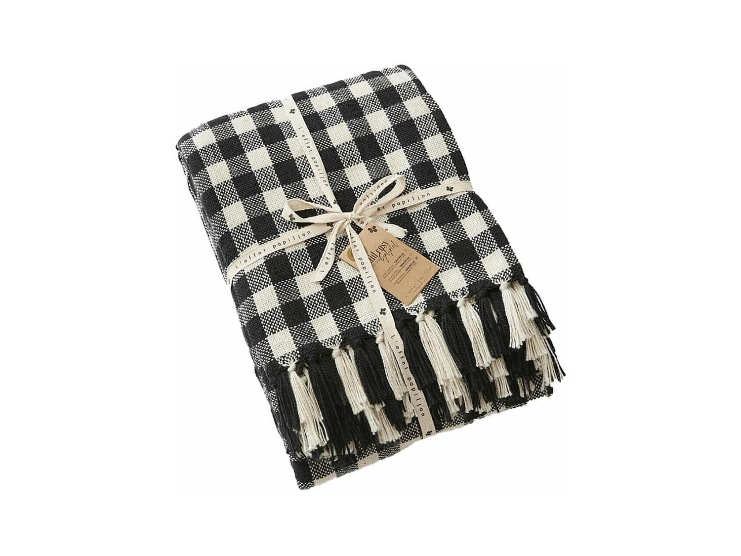 CHARLOT - Plaid à Franges 100% Recyclé Tissage Pieds de poule 130x160cm