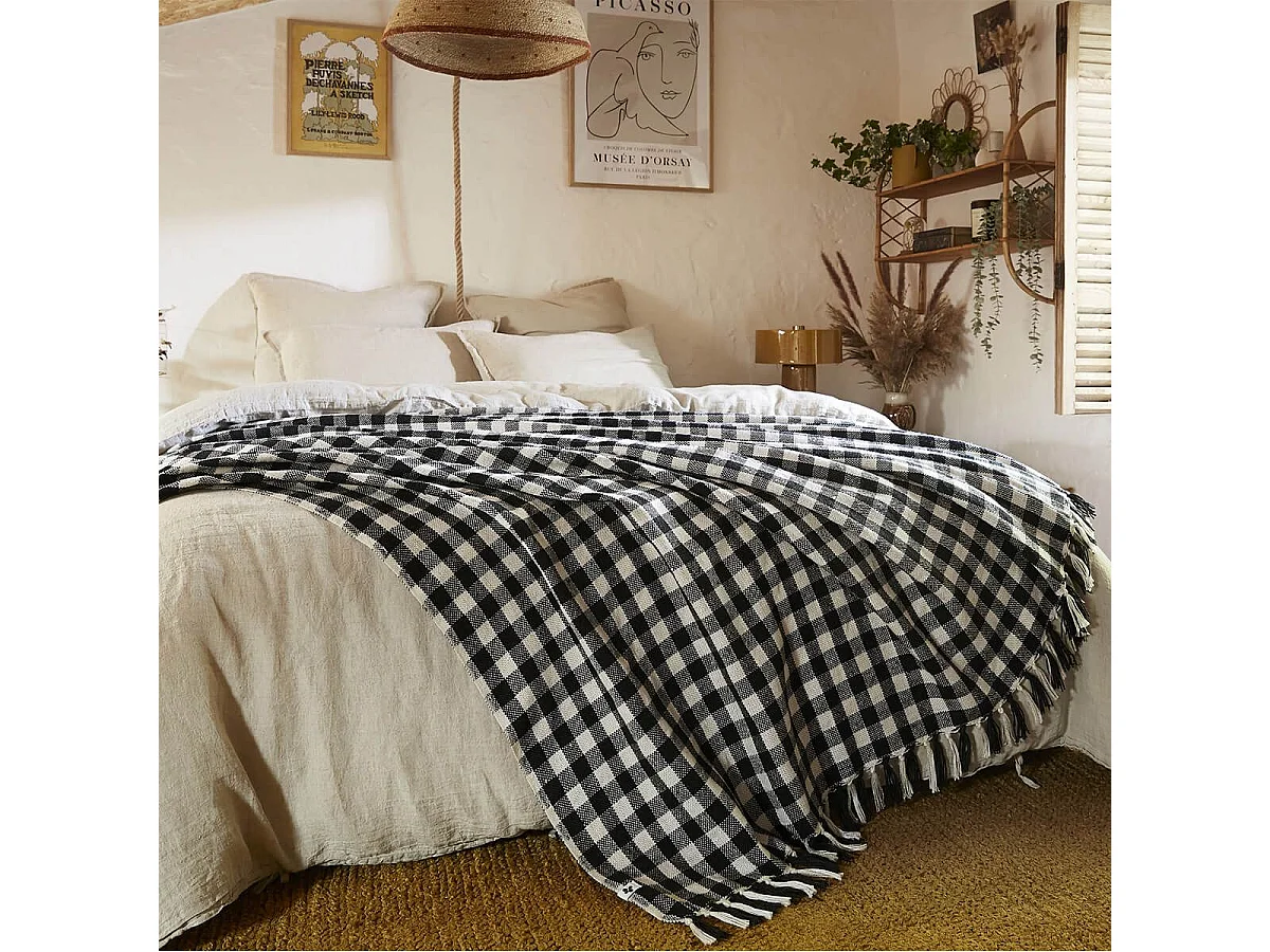 CHARLOT - Couvre-lit à Franges 100% Recyclé Tissage Pieds de poule 240x260cm