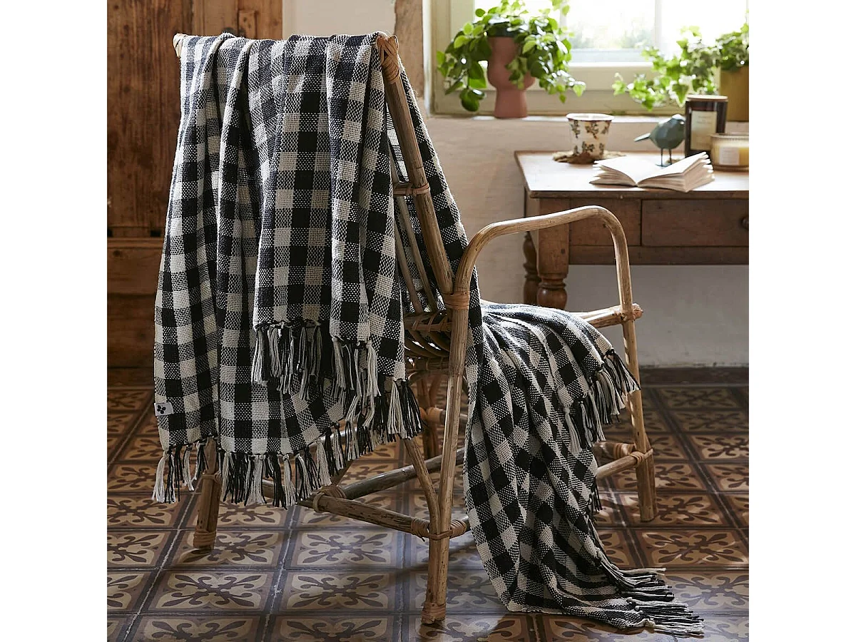 CHARLOT - Plaid à Franges 100% Recyclé Tissage Pieds de poule 180x220cm