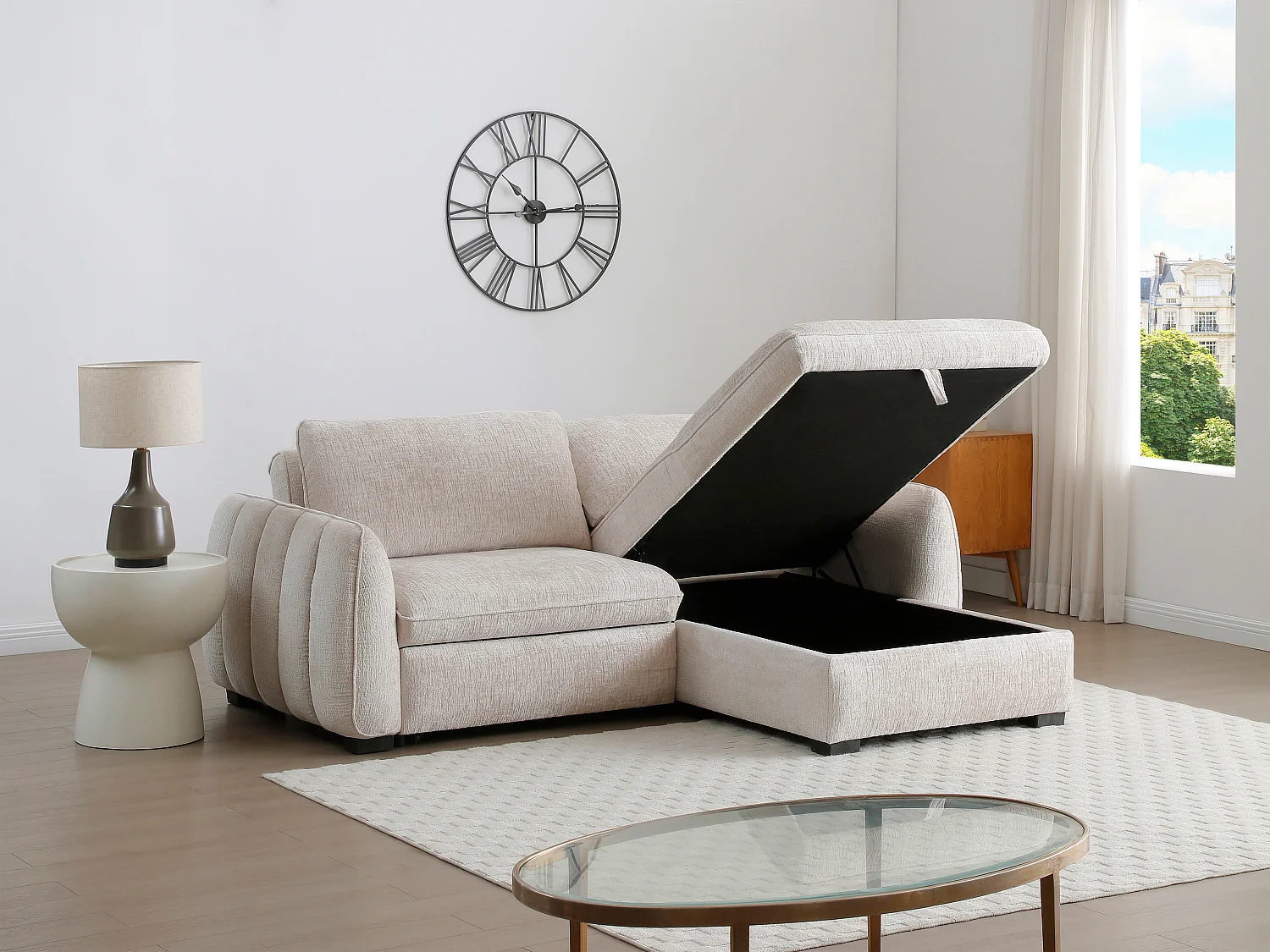 Canapé d'angle convertible et réversible en tissu chiné beige MONAVI