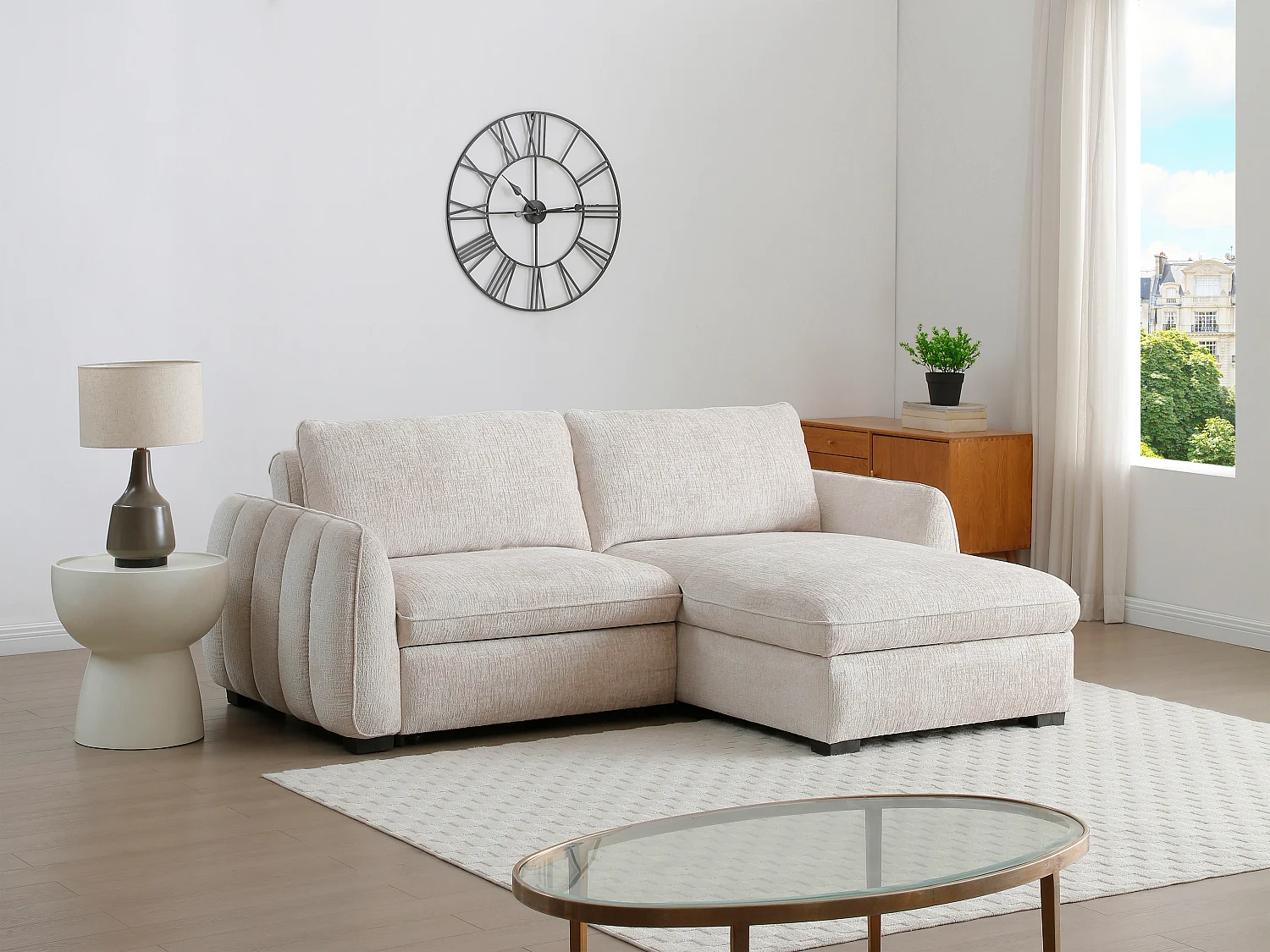 Canapé d'angle convertible et réversible en tissu chiné beige MONAVI