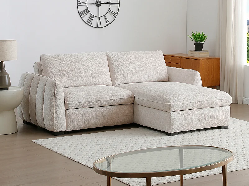 Vendbar og konvertibel hjørnesofa i beige meleret stof MONAVI