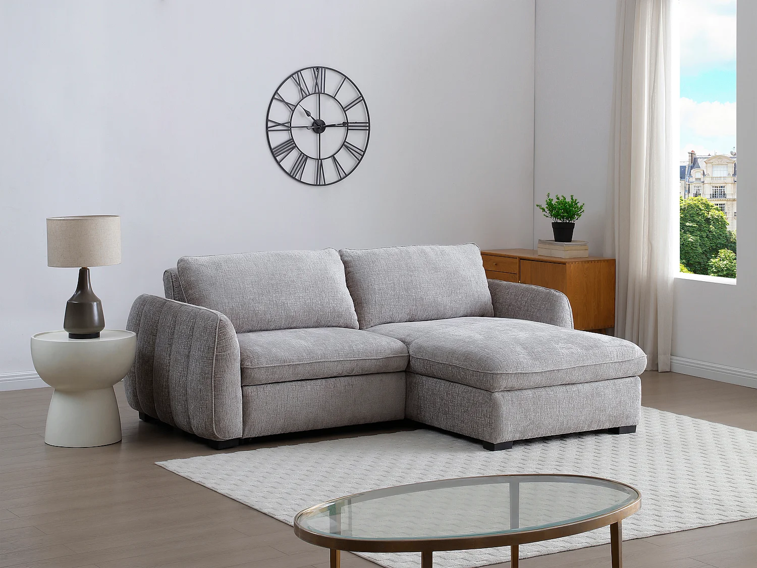 Ecksofa zum Ausklappen und wendbar aus grauem meliertem Stoff - MONAVI