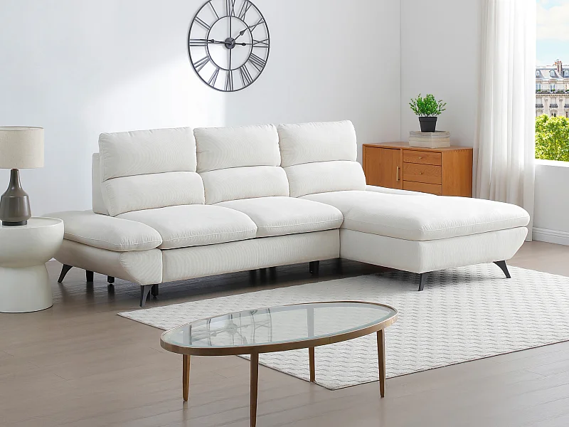 Ecksofa Ecke rechts zum Ausklappen mit vor- und zurückklappbarer Rückenlehne aus Cordvelours Beige - LIORI