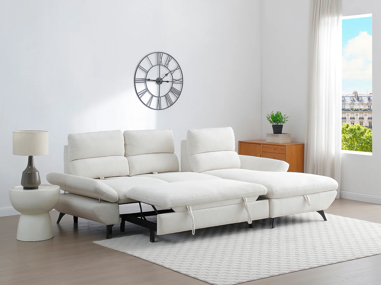 Canapé d'angle droit convertible dossier avance-recule en velours côtelé beige LIORI