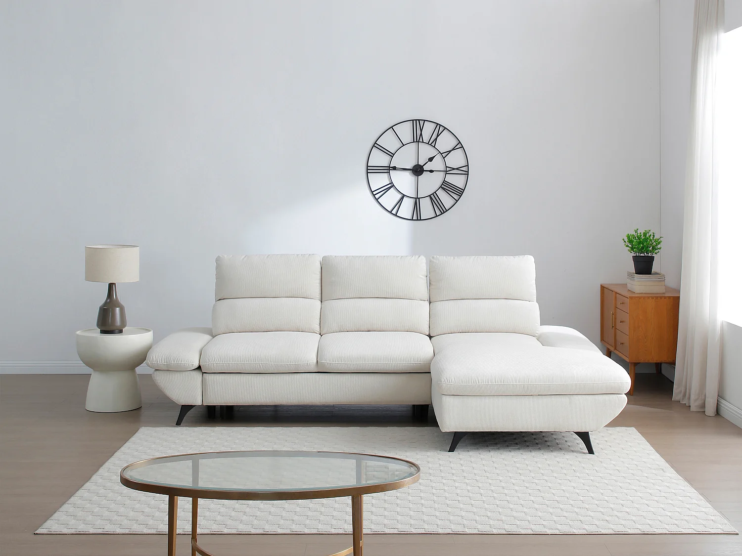 Høyre hjørnesofa med regulerbart rygglene, utfellbar, beige cordfløyel LIORI