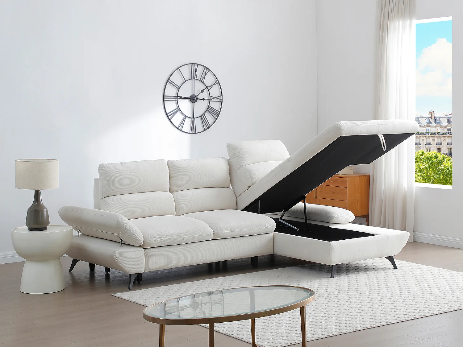 Høyre hjørnesofa med regulerbart rygglene, utfellbar, beige cordfløyel LIORI