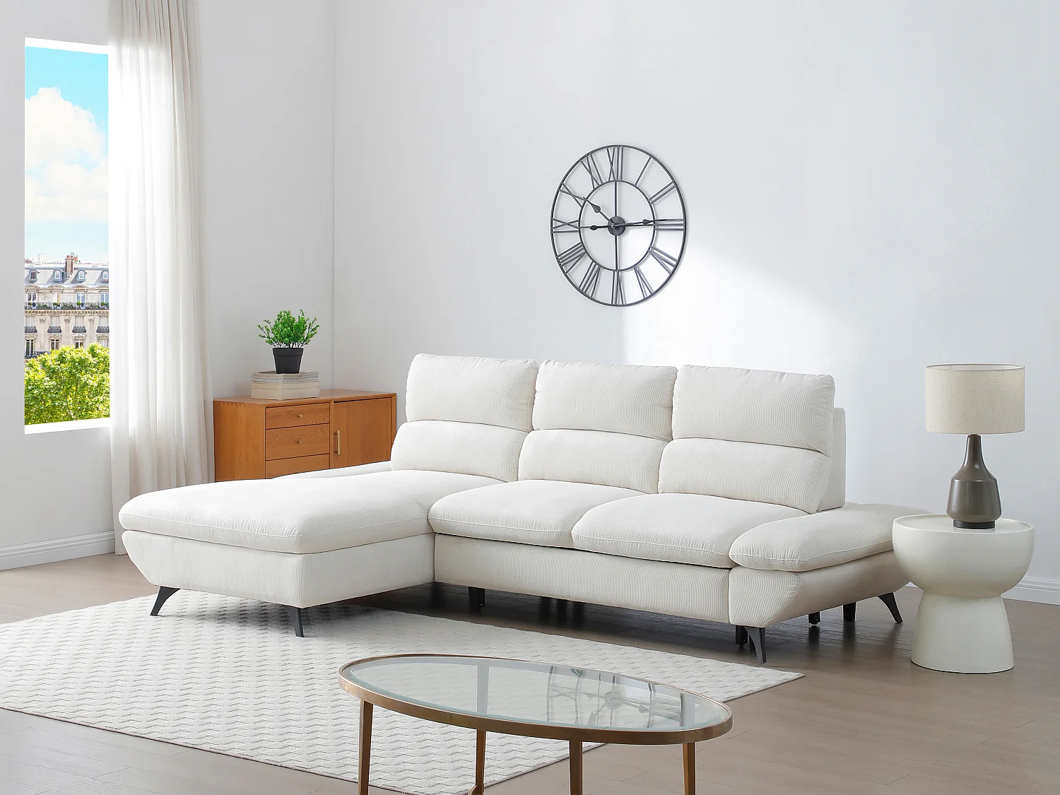 Canapé d'angle gauche convertible dossier avance-recule en velours côtelé beige LIORI