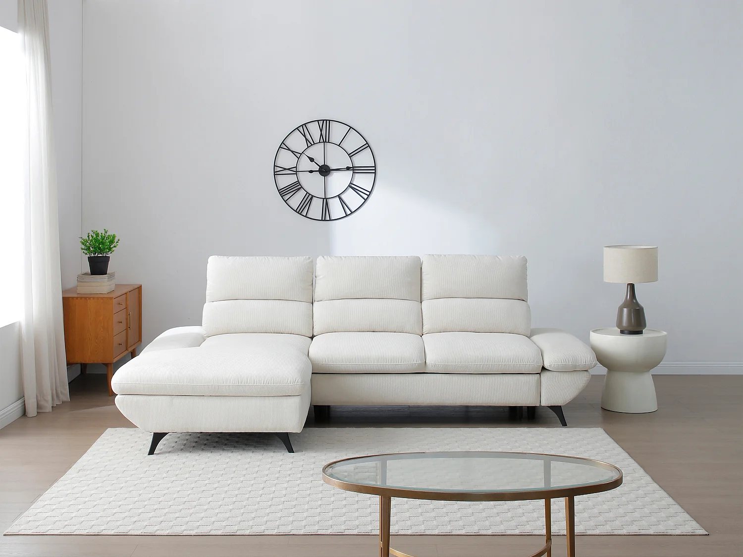 Venstre hjørnesofa med regulerbar rygg i beige kordfløyel LIORI