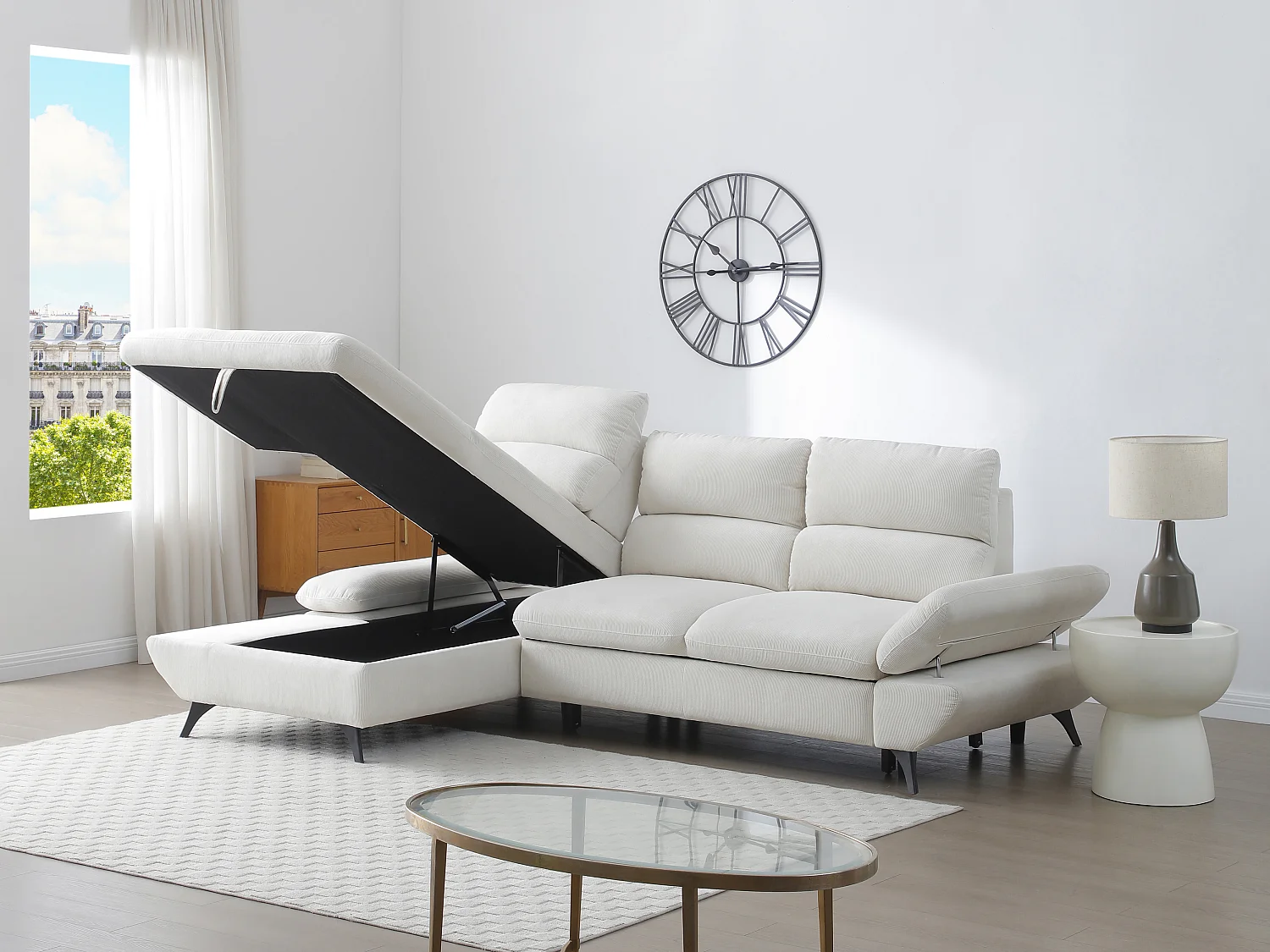 Venstre hjørnesofa med regulerbar rygg i beige kordfløyel LIORI