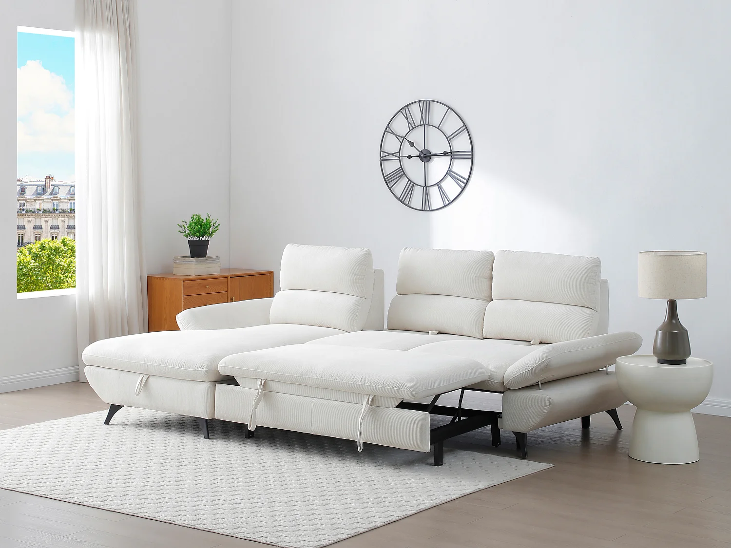 Canapé d'angle gauche convertible dossier avance-recule en velours côtelé beige LIORI